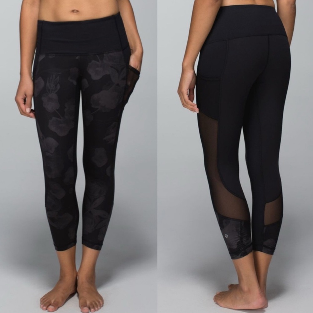Lululemon Seek the Heat Crop Black Inky Floral Mesh Size 4‎